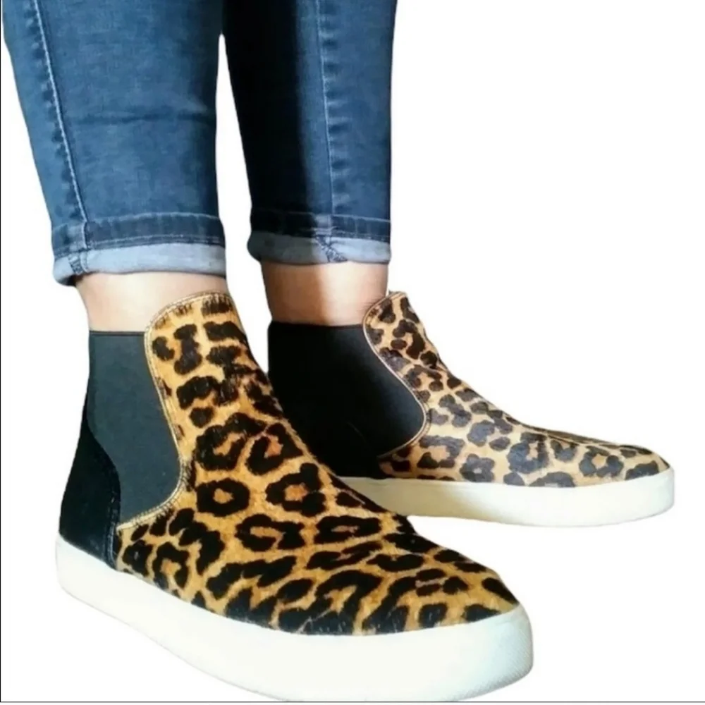 SAM EDELMAN MARGOT High Top Slip On Sneaker Shoe Dyed Real Cow Fur Leopard Print - Picture 12 of 14